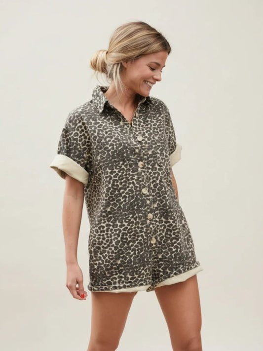Women's Leopard Print Button Down Short Sleeve Shirt