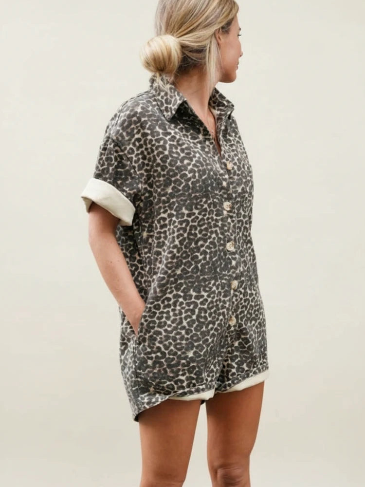 Women's Leopard Print Button Down Short Sleeve Shirt