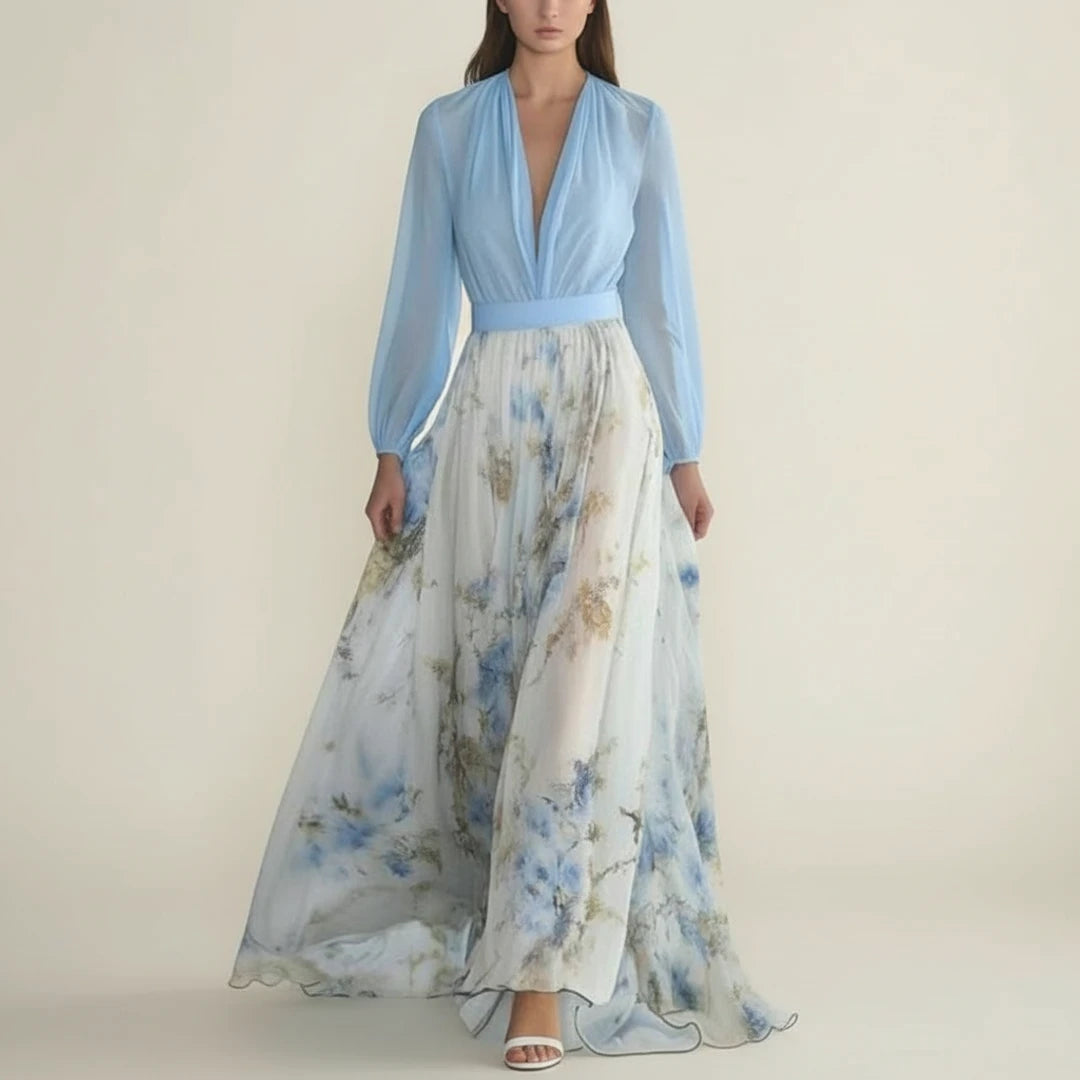 Elegant Floral Long Sleeve A Line Maxi Dress