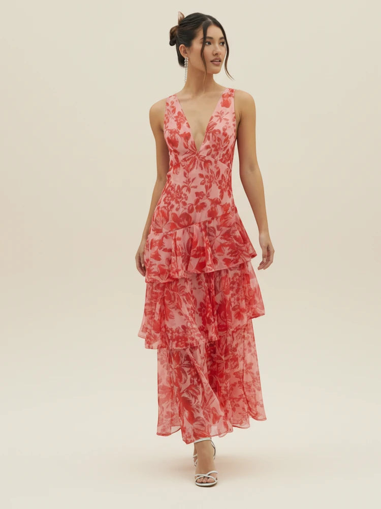Elegant Floral Sleeveless Backless Maxi Dress