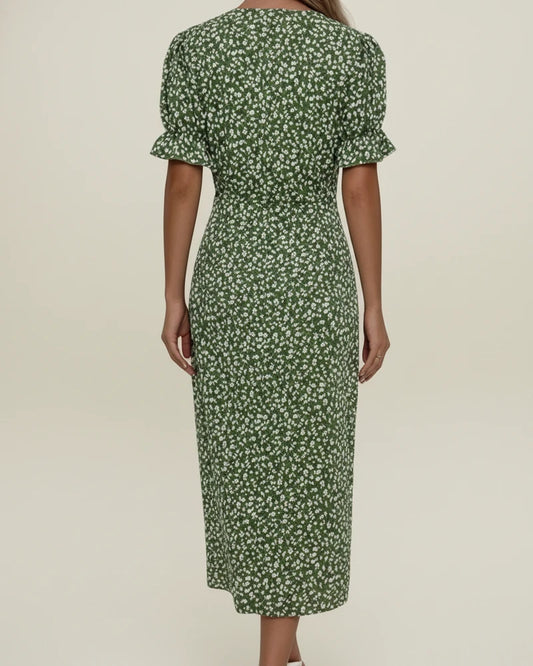 Elegant Floral Wrap Midi Dress with Puff Sleeves