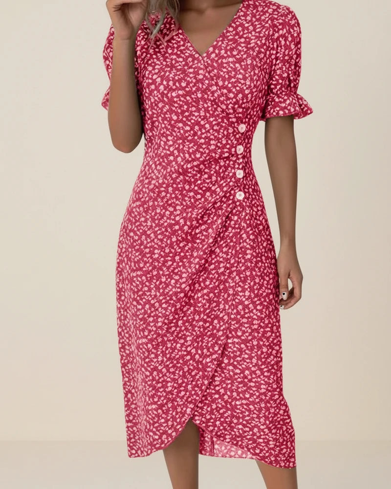 Elegant Floral Wrap Midi Dress with Puff Sleeves