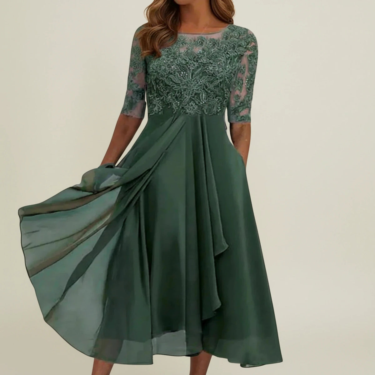Elegant Lace A Line Wedding Guest Midi Dress