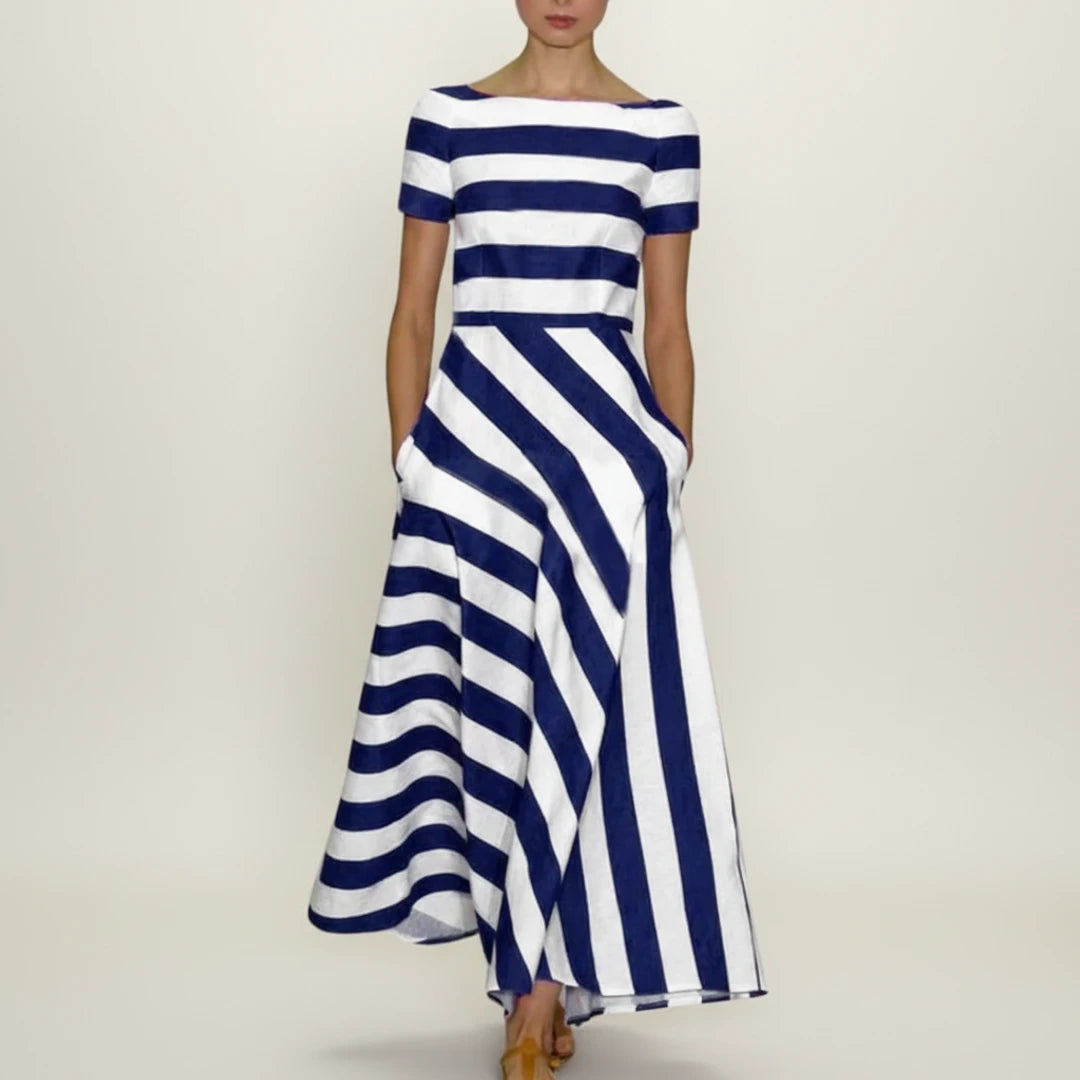 Striped A Line Off Shoulder Midi Dress