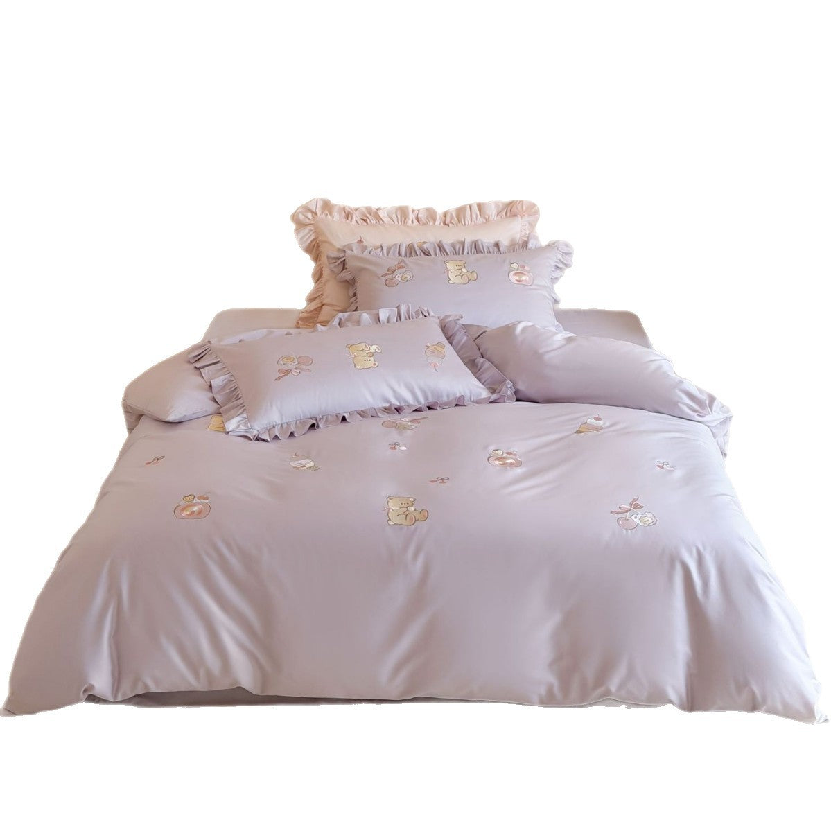 Children's Ruffled Bedding Set with Satin Finish and Bear & Dessert Embroidery
