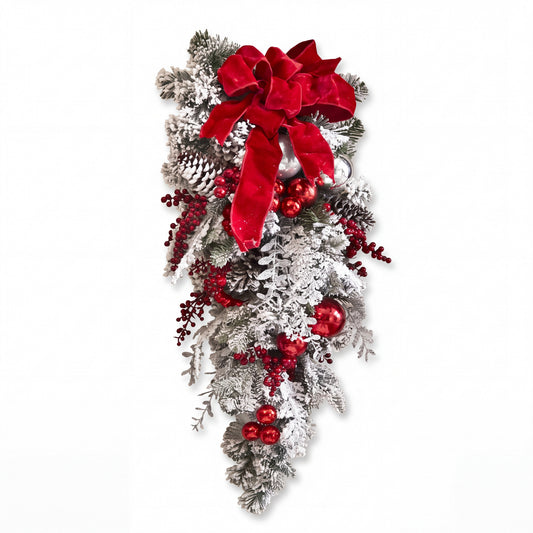 Christmas Wreath with Baubles - Snowy Door Decoration with Red Bow