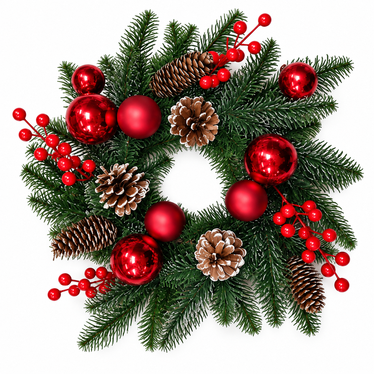 Christmas Wreath with Red Baubles, Berries and Pinecones