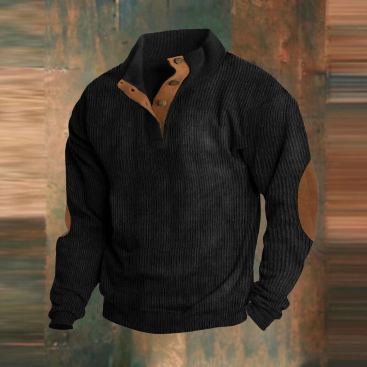 Men's Ribbed Knit Pullover Sweater with Stand Collar and Elbow Patches