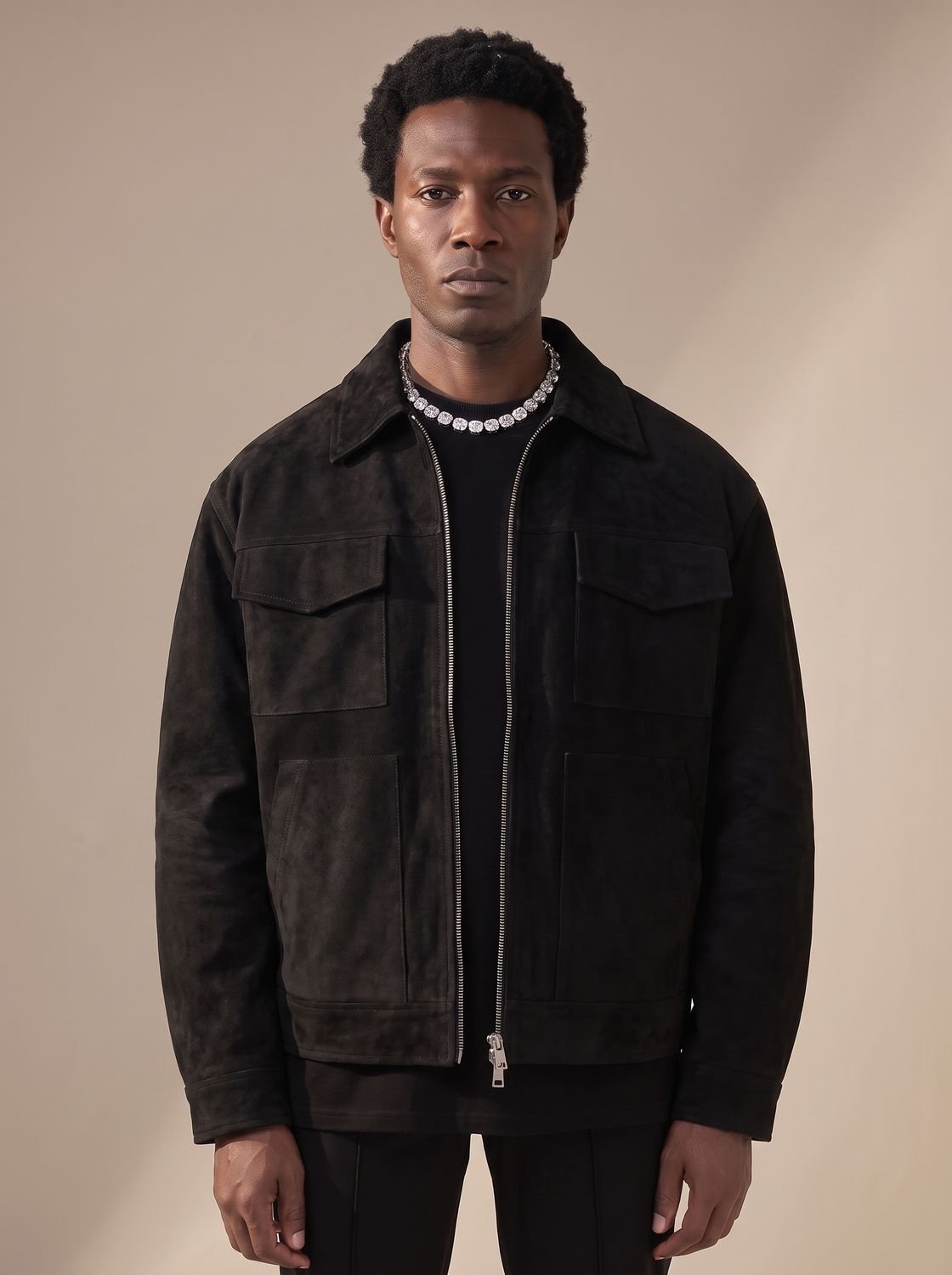 Men's Suede Full-Zip Trucker Jacket with Shirt Collar
