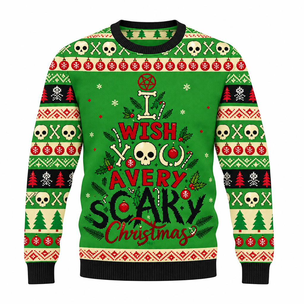Men's Ugly Christmas Sweater with Skull Print – Grunge-Style Pullover