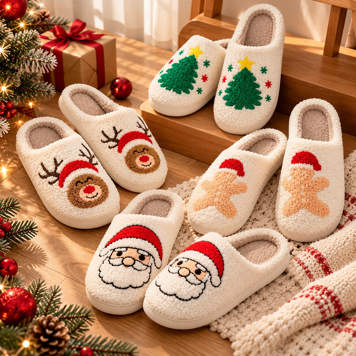 Retro Christmas Teddy Slippers with Non-Slip Sole