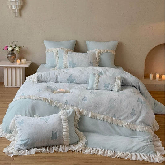 Romantic Bedding Set with Ruffles and Butterfly Embroidery