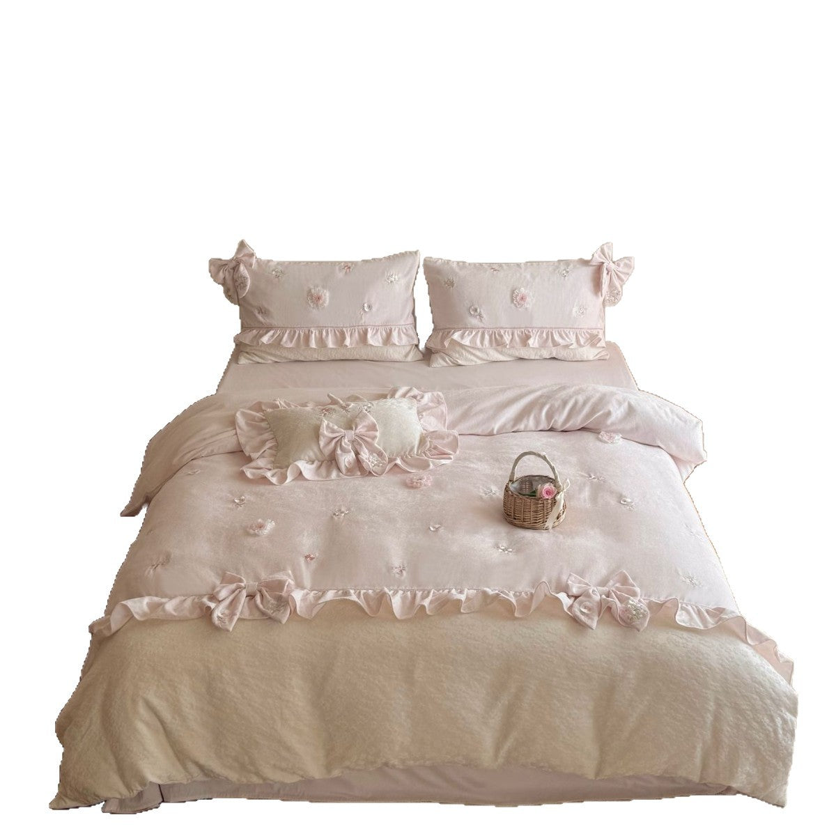 Romantic Bedding Set with Ruffles, Bows, and Floral Embroidered Appliqués