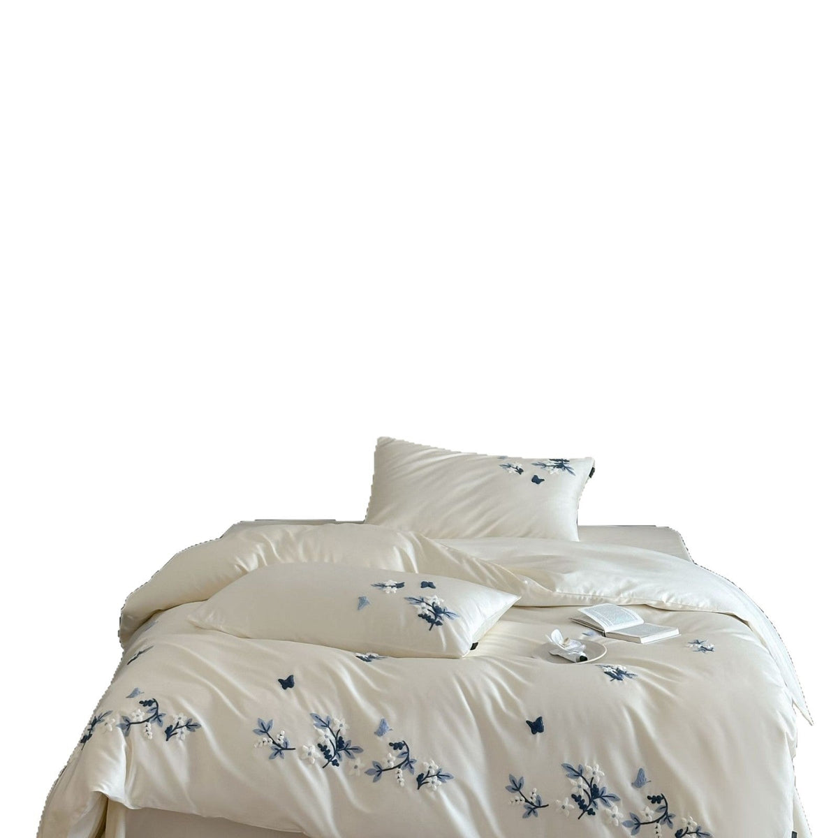 Satin Bedding Set with Blue Floral Embroidery