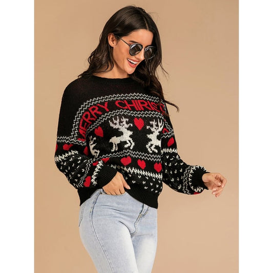 Women's Christmas Crewneck Sweater with Reindeer and Fair Isle Knit Pattern