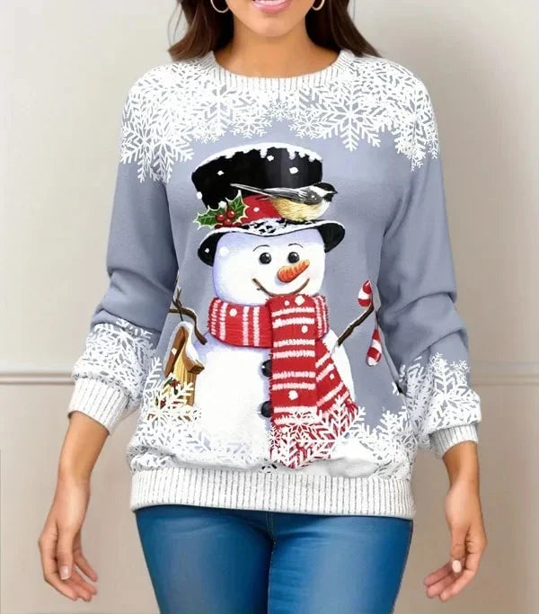 Women's Christmas Sweater with Snowman and Reindeer Print – Nylon-Acrylic Knit