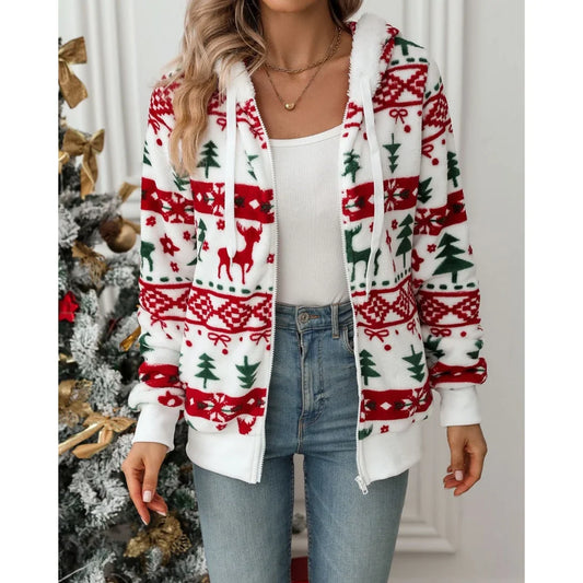 Women's Sherpa-Lined Christmas Print Zip-Up Hoodie