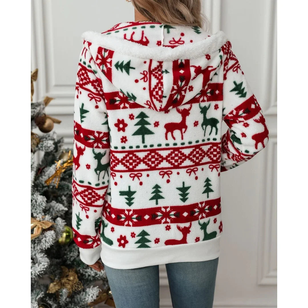 Women's Sherpa-Lined Christmas Print Zip-Up Hoodie