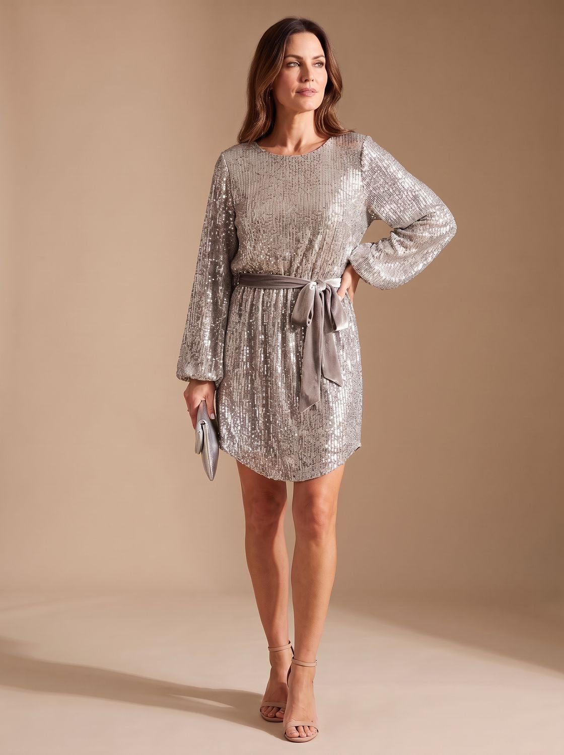 Women's Sparkly Sequin Balloon Sleeve Mini Christmas Party Dress with Belt