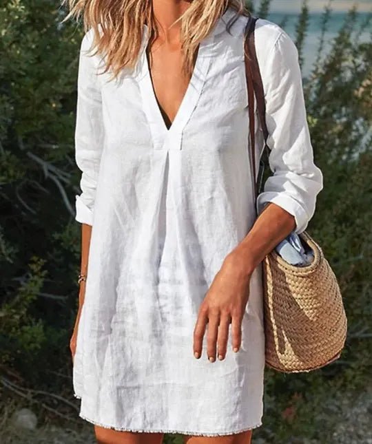 Image of Women's Long Sleeve V-Neck Mini Shirt Dress