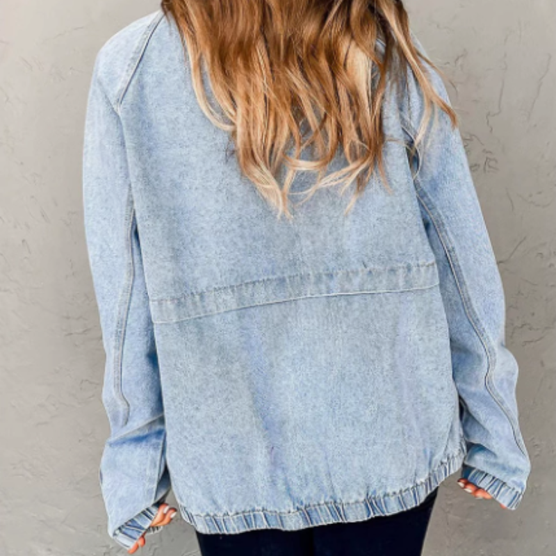 Women's Zip-Up Denim Bomber Jacket - Image 4