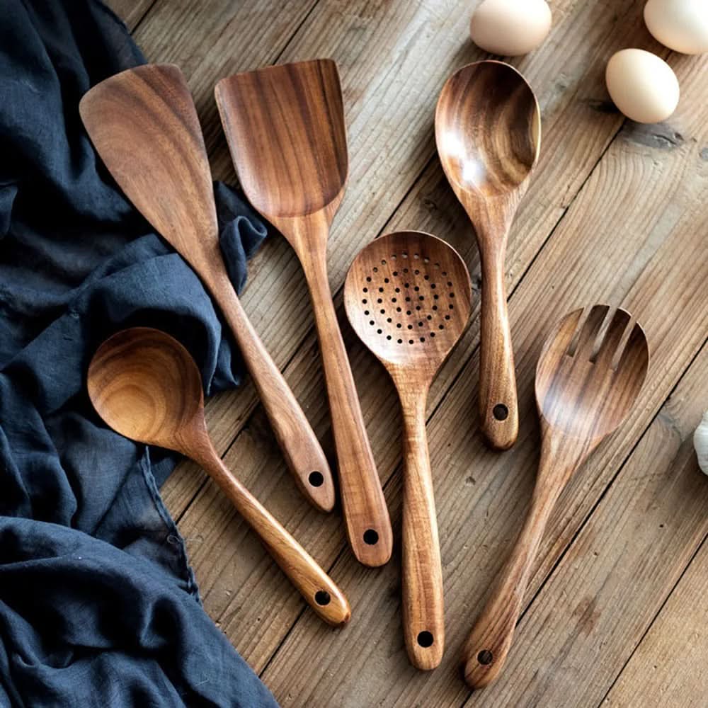 10-Piece Non-Scratch Natural Teak Kitchen Utensil Set
