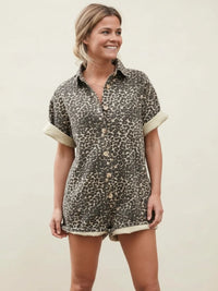 Women's Leopard Print Button Down Short Sleeve Shirt