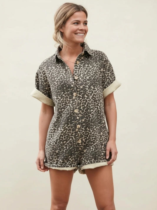 Women's Leopard Print Button Down Short Sleeve Shirt
