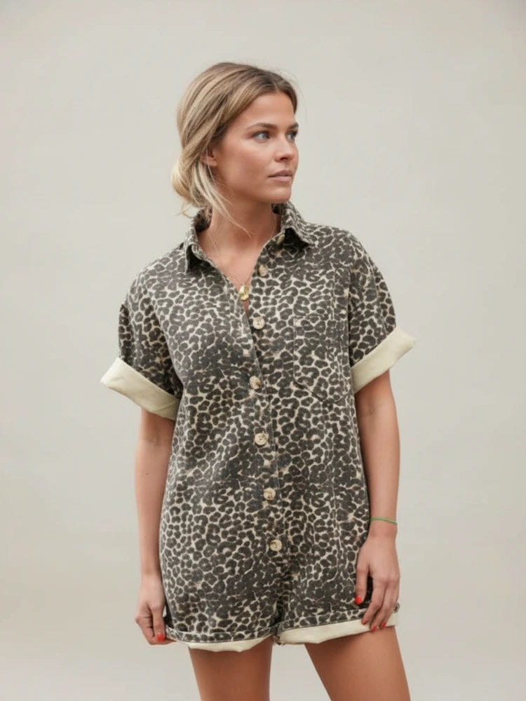 Women's Leopard Print Button Down Short Sleeve Shirt