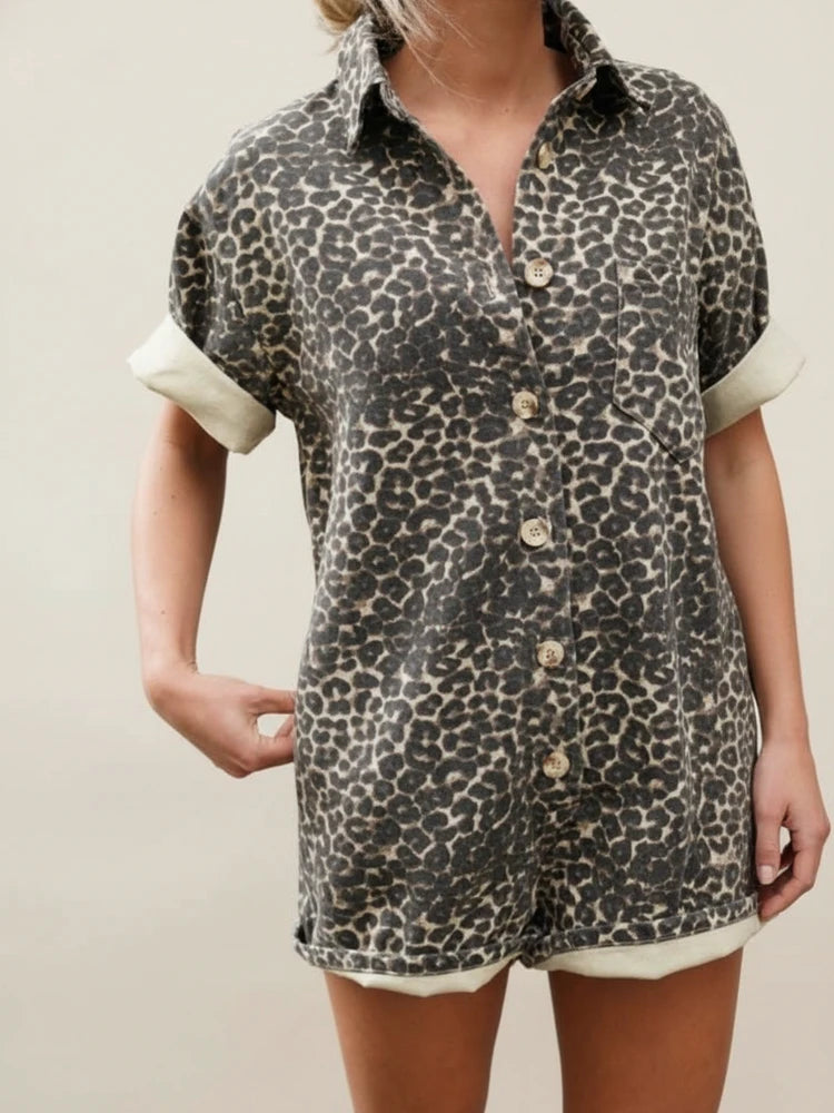 Women's Leopard Print Button Down Short Sleeve Shirt