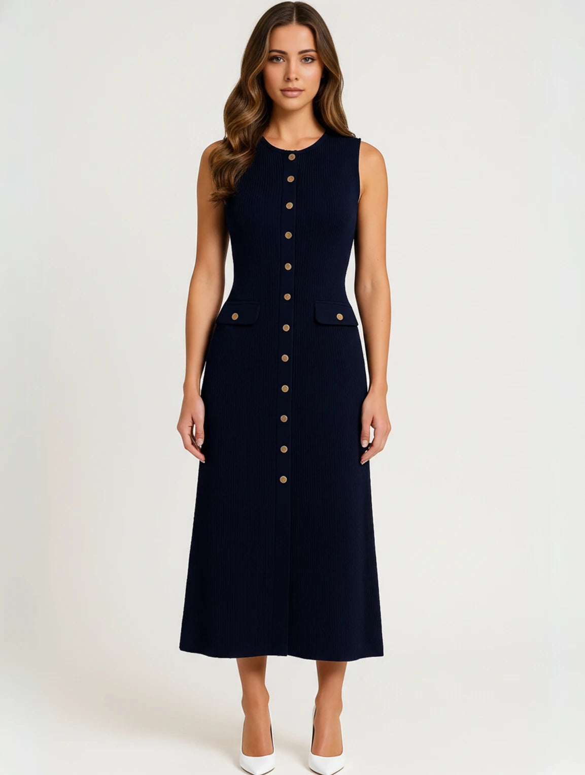 Women's Button Front A Line Midi Dress