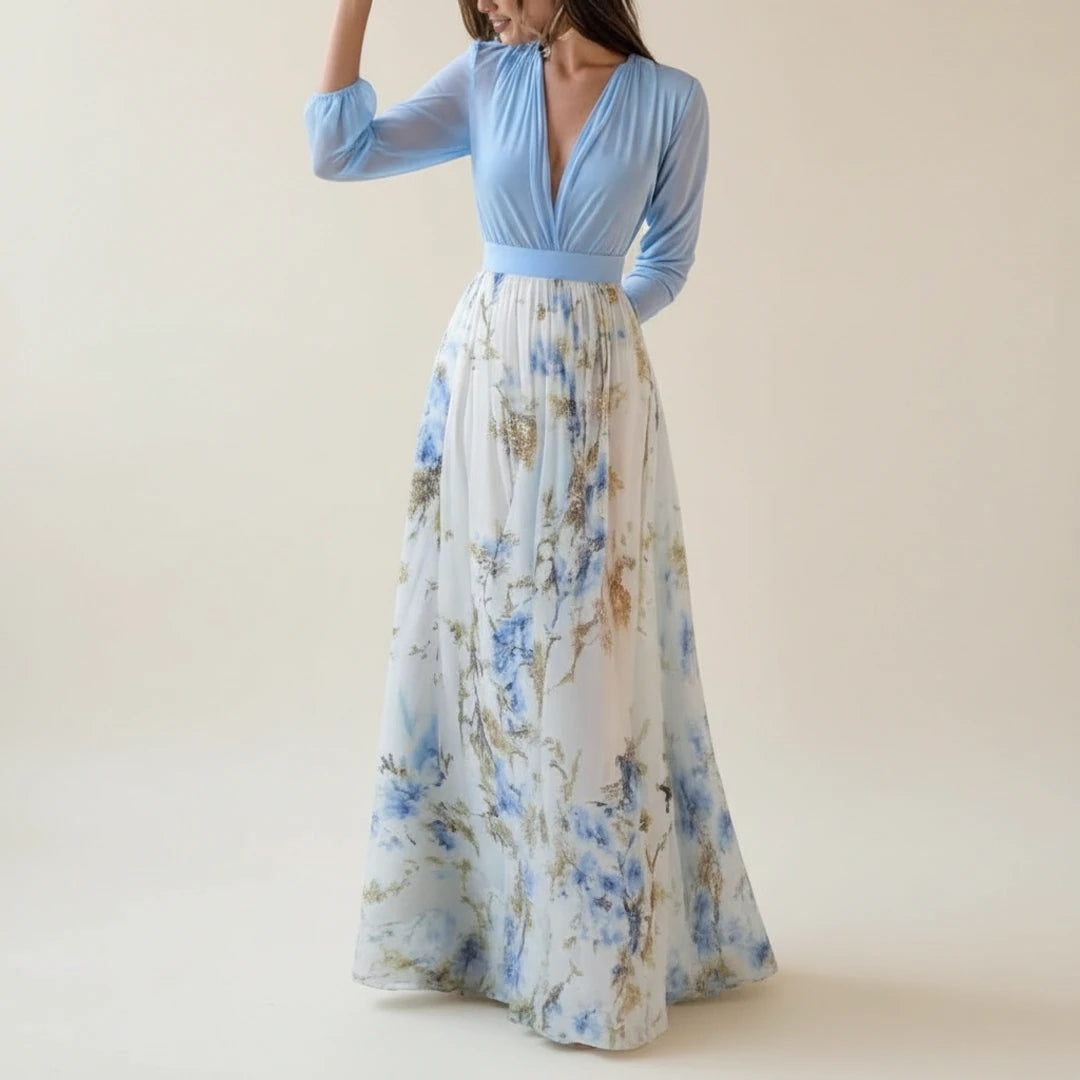 Elegant Floral Long Sleeve A Line Maxi Dress