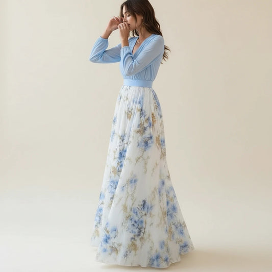 Elegant Floral Long Sleeve A Line Maxi Dress