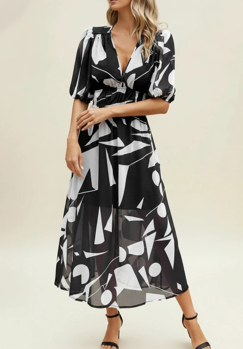 Elegant Floral Puff Sleeve A Line Midi Dress