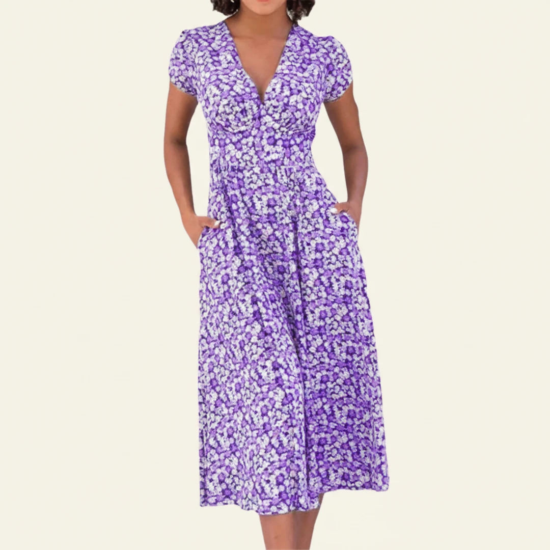 Floral A Line Midi Dress with Short Sleeves