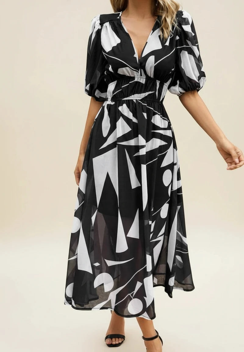 Elegant Floral Puff Sleeve A Line Midi Dress