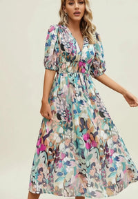 Elegant Floral Puff Sleeve A Line Midi Dress