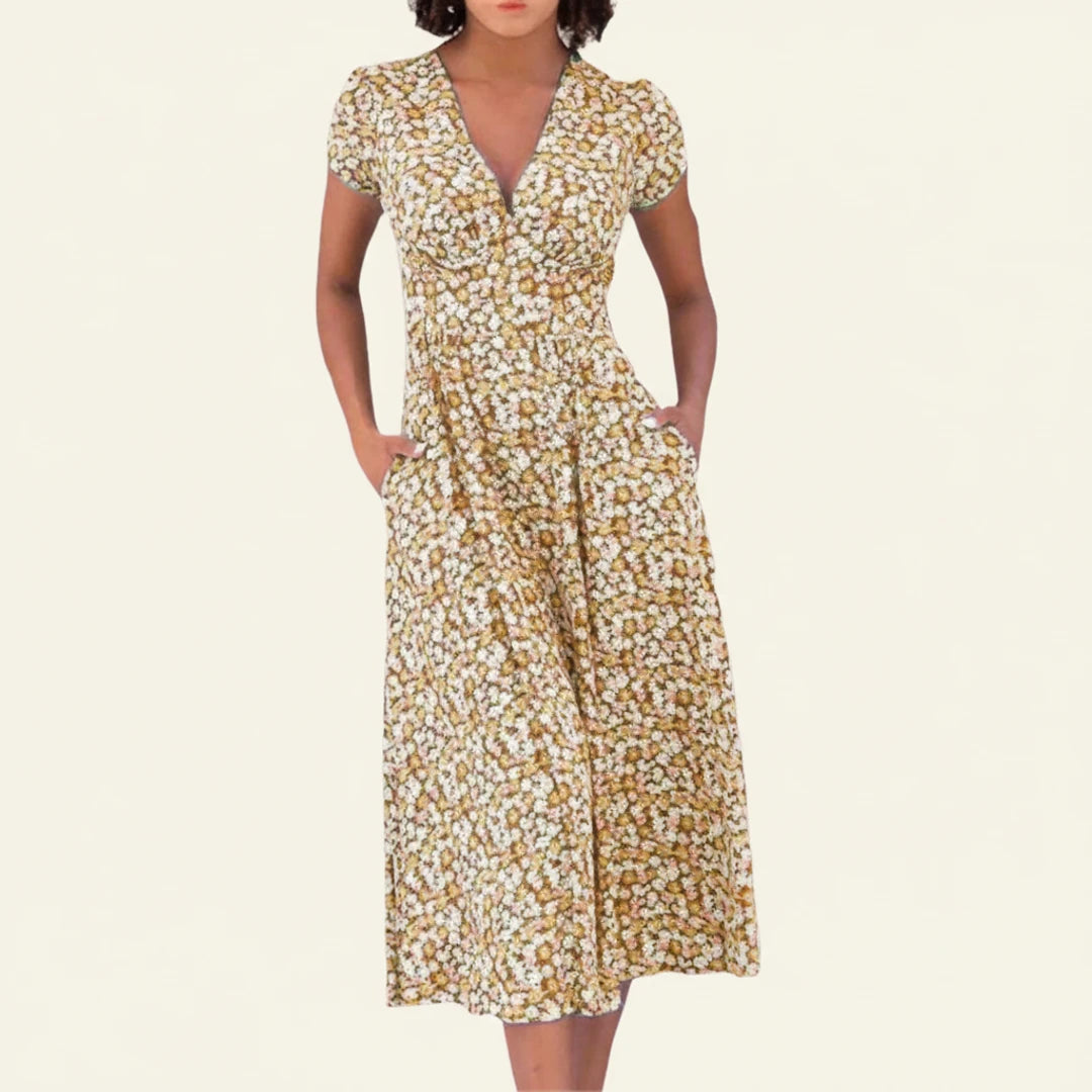 Floral A Line Midi Dress with Short Sleeves