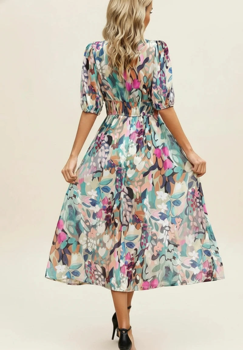 Elegant Floral Puff Sleeve A Line Midi Dress