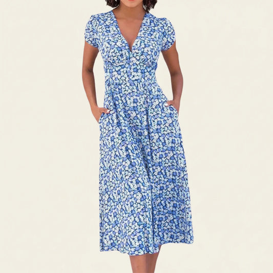 Floral A Line Midi Dress with Short Sleeves