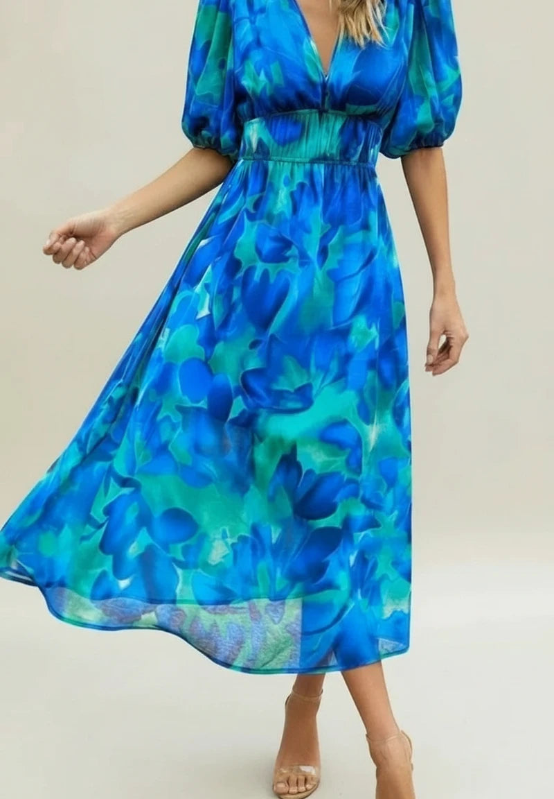 Elegant Floral Puff Sleeve A Line Midi Dress