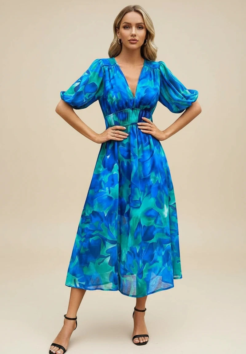 Elegant Floral Puff Sleeve A Line Midi Dress