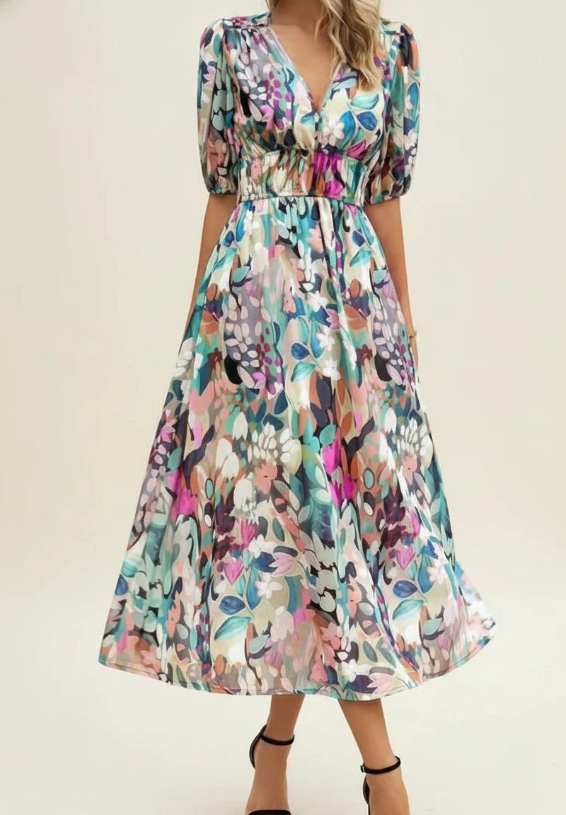 Elegant Floral Puff Sleeve A Line Midi Dress
