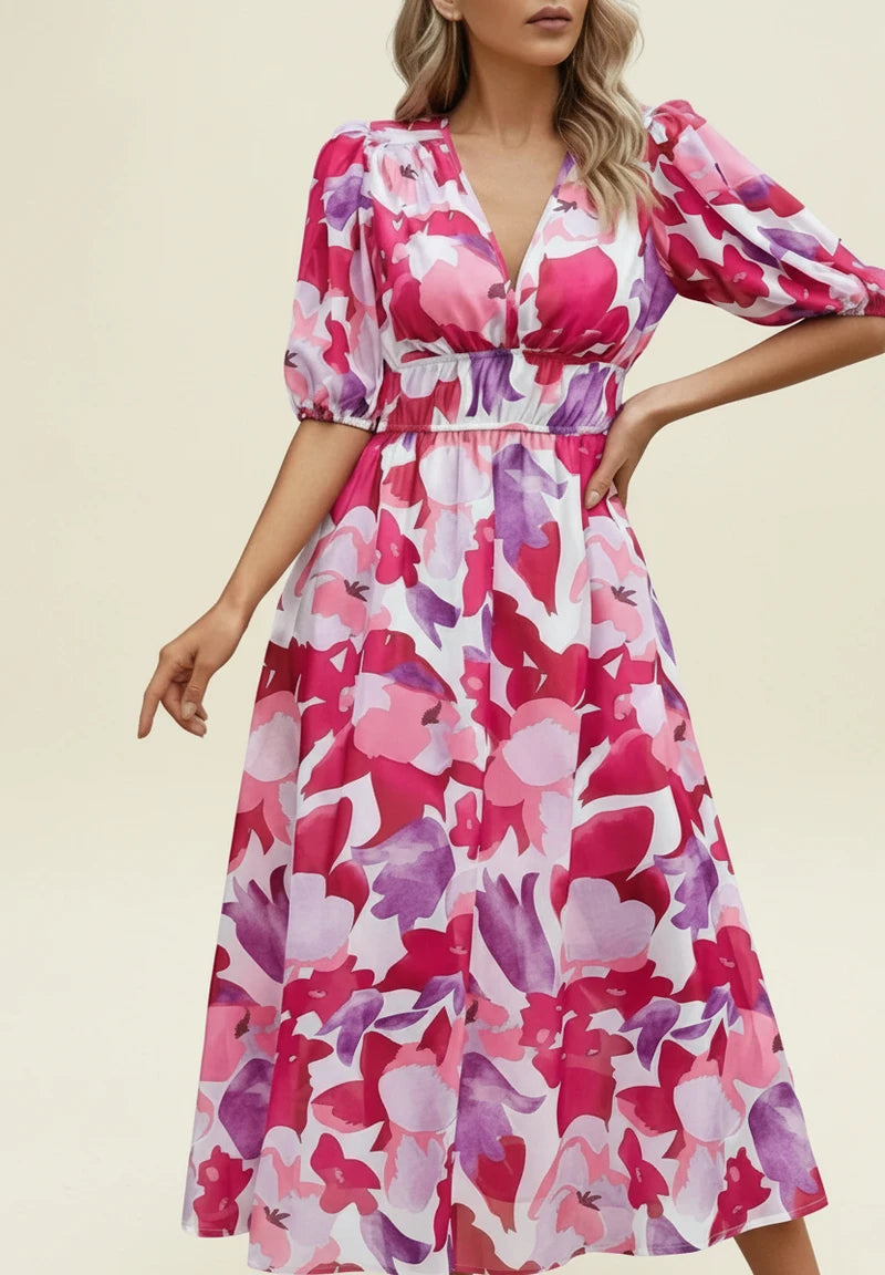 Elegant Floral Puff Sleeve A Line Midi Dress