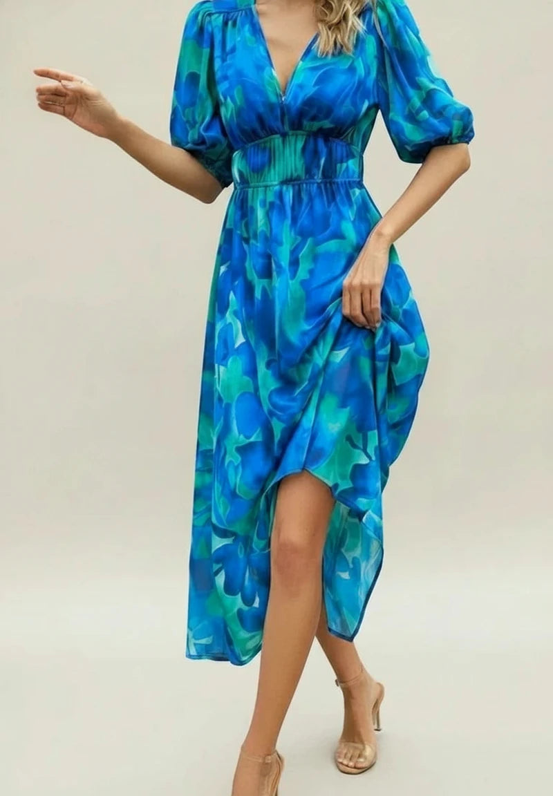 Elegant Floral Puff Sleeve A Line Midi Dress