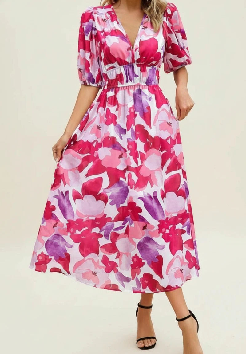 Elegant Floral Puff Sleeve A Line Midi Dress