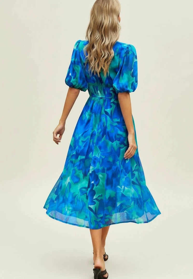 Elegant Floral Puff Sleeve A Line Midi Dress