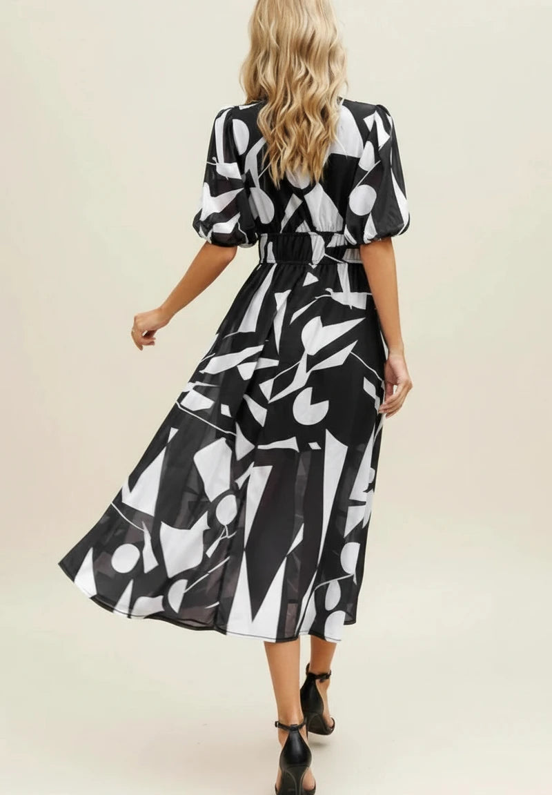 Elegant Floral Puff Sleeve A Line Midi Dress