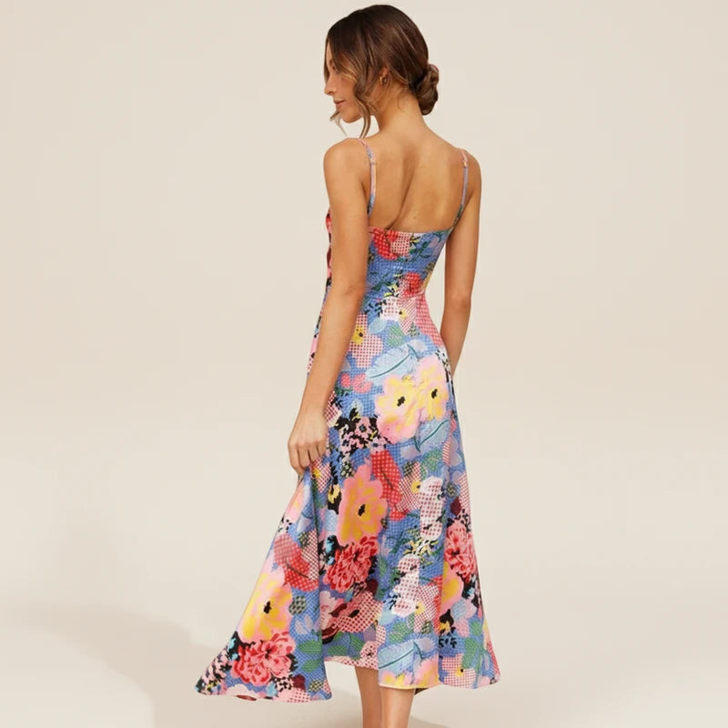Boho Floral Tie Front Midi Dress