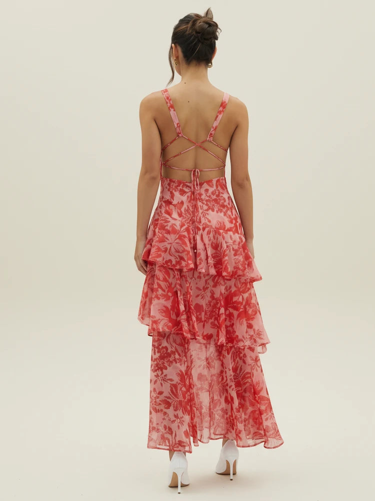 Elegant Floral Sleeveless Backless Maxi Dress